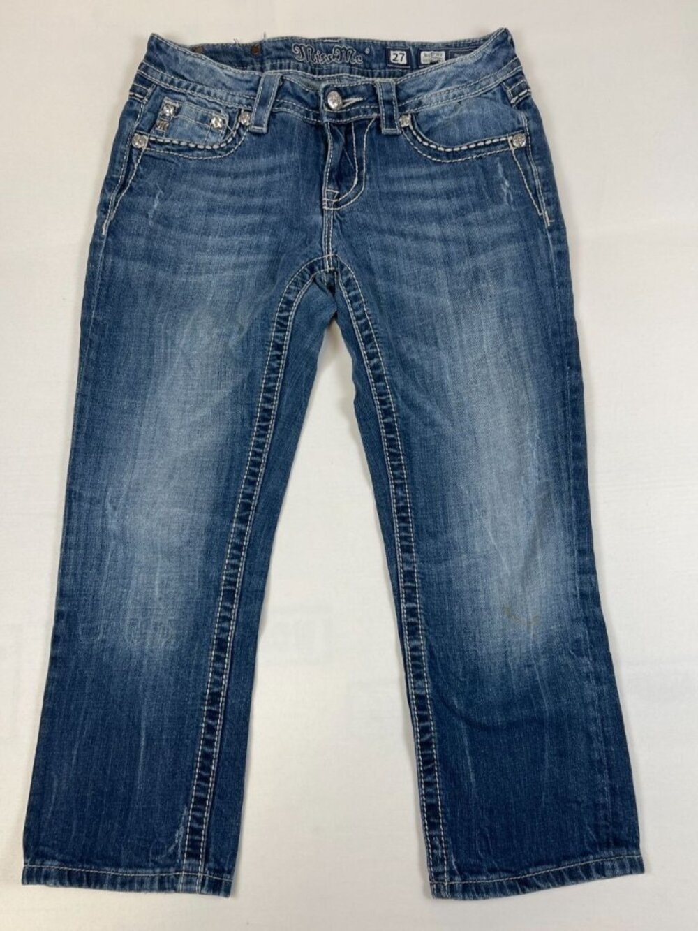 Miss Me Women's 27 Easy Capri Jeans Blue Embellished Sequin Pockets Stretch